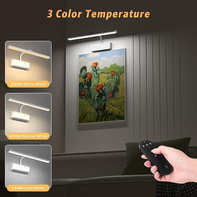 Lightbiz Picture Light, 15.35inch 5400mAh Rechargeable Picture Lights for Wall Battery Operated Wall Lights with Remote, 3 Colors Paintings Light Dimmable Art Light for Artwork, Gallery (White)