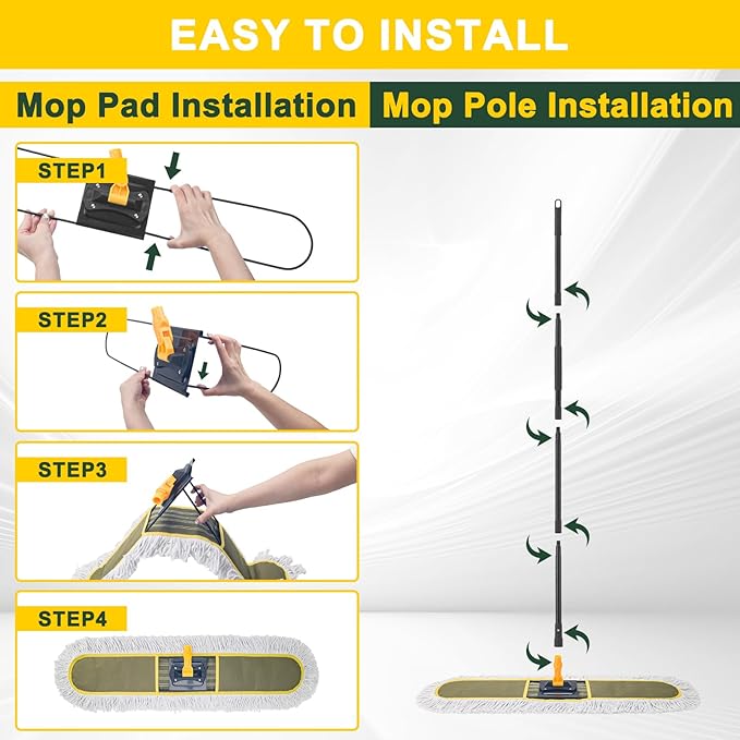 24" Commercial Dust Mops for Floor Cleaning with 2 Replacement Mop Pads, Heavy Duty Large Dust Mop for Hardwood Floors, Industrial Wet Dry Floor Duster for Office Garage Warehouse Factory Mall