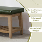 HUIMO Entryway Shoe Bench with Cushion, End of Bed Bench,Upholstered Bench for Kitchen, Bench with Solid Wood Shelf, Leather Ottoman Bench for Hallway, Living Room (PU-Green)
