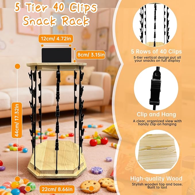 Chip Rack Display Stand 360° Rotating 5 Tiers 40 Clips Bar Snack Organizer Retail Display Rack Wooden Base Candy Holder for Concession Stand Countertop Party Store With Message Board (Octagon)