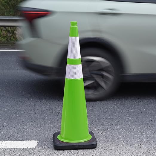 6 Pack 36" Large-Sized PVC Traffic Cones with Heavy-Duty Black Base, Garage Parking Lot Cones Structurally Stable Weatherproof Road Construction Safety Cones (6, Green, 36" Extra Large)