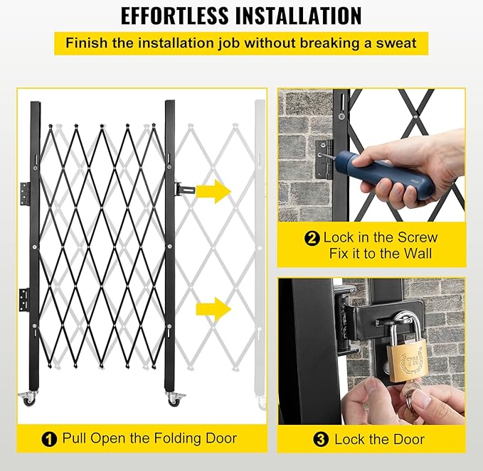 VEVOR Single Folding Security Gate, 51.57" H x 66" W Folding Door Gate, Steel Accordion Security Gate, Flexible Expanding Security Gate, 360° Rolling Barricade Gate, Scissor Gate or Door with Padlock