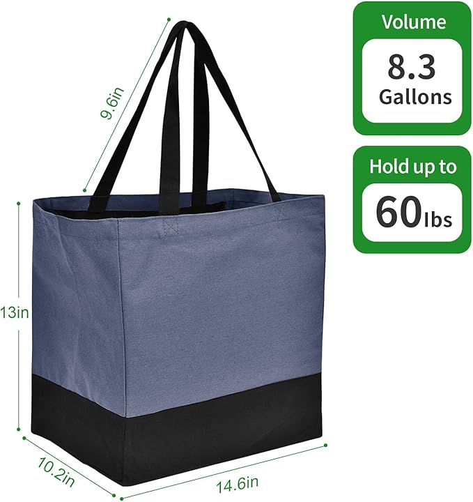 Canvas Reusable Grocery Bags Heavy Duty, 8.3 gal Foldable Large Tote Bag with Handles, Holds 60 lbs Canvas Shopping Bags, 3 Pack
