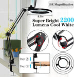 10X Magnifying Glass with Light, KIRKAS 2,200 Lumens LED Magnifying Lamp with Clamp, Stepless Dimmable Real Glass Lens Magnifier, Adjustable Arm Workbench Light for Close Work Hobby Repair - Black