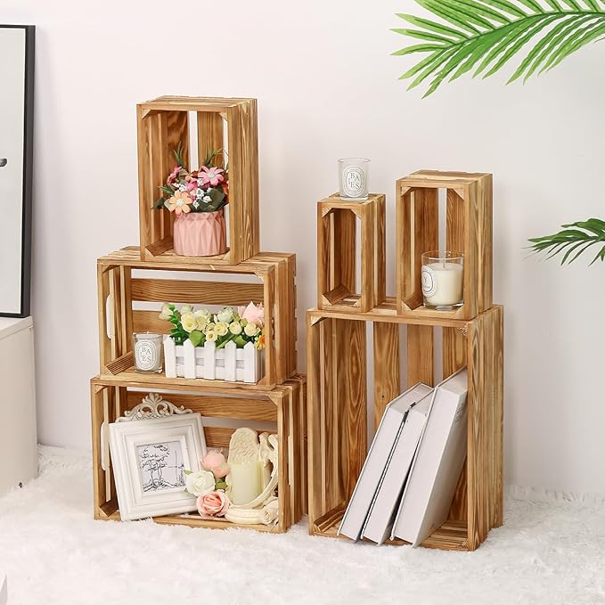 BOBOKA Set of 6 Decorative Wood Crates Nesting Storage Container, 6 Size Farmhouse Decorative Wooden Storage Boxes, Rustic Wooden Crates for Storage, Display, Christmas Decorations