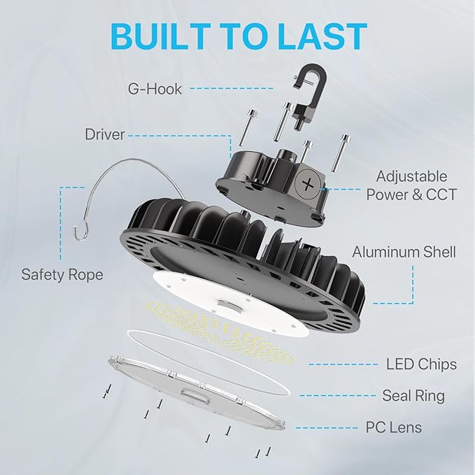 HYPERLITE 4Pack LED UFO High Bay Lights 250W 36,250lm 1-10V Dimmable 5000K 5' Cable with 110V Plug Hanging Hook Safe Rope UL Listed for Shopping Mall Stadium Exhibition Hall