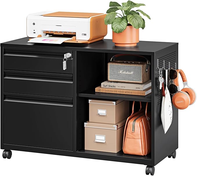 3 Drawer File Cabinet with Lock,Mobile Lateral Filing Cabinet,Metal Printer Stand Storage Cabinets with Shelves for Home Office(Black)