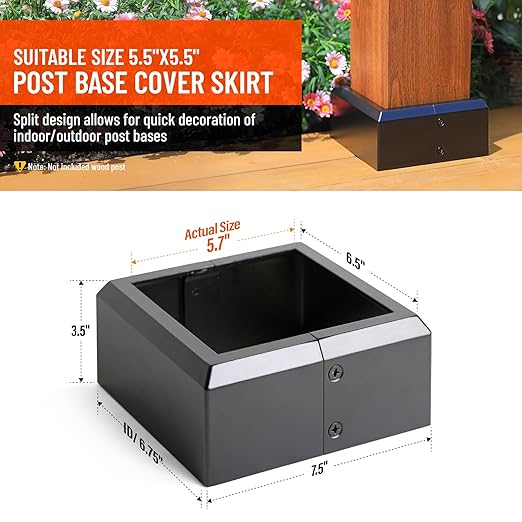 6"x6" (Actual: 5.5"x5.5") Deck Post Base Cover Split, Aluminum Post Base Trim Skirt Decorative Black 8Pack