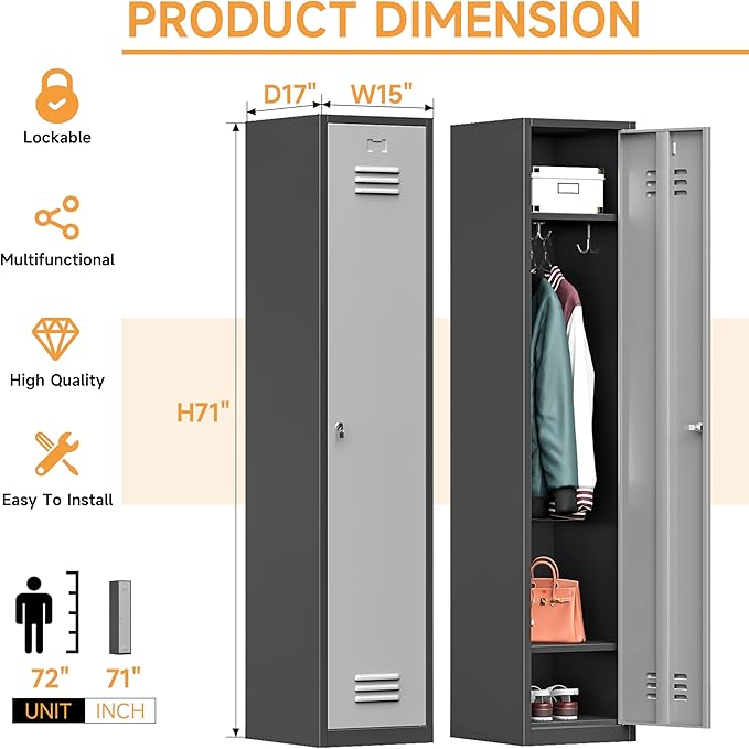 Bestoo Metal Locker, 71" Storage Cabinet with 1 Lockable Door and Hooks, Tall Freestanding Wardrobe for Employees, Gym, School, Home and Office (Black Gray)