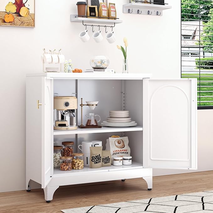 Metal Sideboard Buffet Cabinet with Storage,33 Inch Coffee Bar Cabinet with Adjustable Shelf, White Kitchen Sideboard Cabinets for Dining Room, Living Room