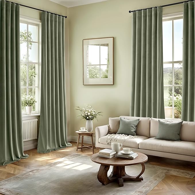 MIULEE Sage Green Velvet Curtains 96 Inches Long 2 Panels Set for Bedroom, Pinch Pleat Back Tab Thermal Insulated Living Room Darkening Drapes Pleated Blackout Floor to Ceiling Curtains with Hooks