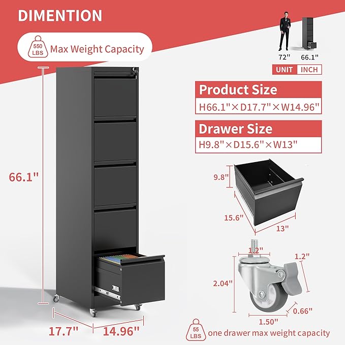 5 Drawer File Cabinet with Wheels,Metal Mobile Filing Cabinets with Lock,Black Vertical File Cabinet for Home Office,Heavy Duty Storage Cabinet for A4/Letter/Legal Size File,Assembly Required