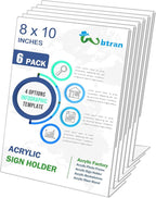Slanted Back Acrylic Sign Stands 8 x 10, Clear Tabletop Display, Plastic Paper Sign Holder for Office, Home, Restaurant (6 Pack)