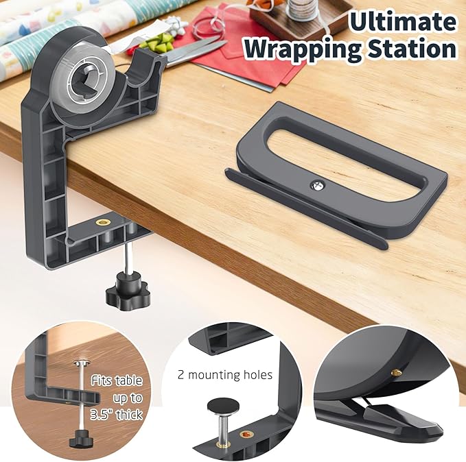 Tabletop Gift Wrapping Tool with Tape Dispenser & Cutter–2 Pack Adjustable Wrapping Paper Table Clamps with 2 Tapes–Perfect for Christmas, Holidays, and Crafting
