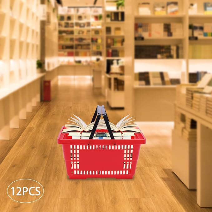 12PCS Shopping Baskets with Handles, Portable Wire Shopping Basket,Open&Stackable Design for Supermarket, Retail, Bookstore (Red)
