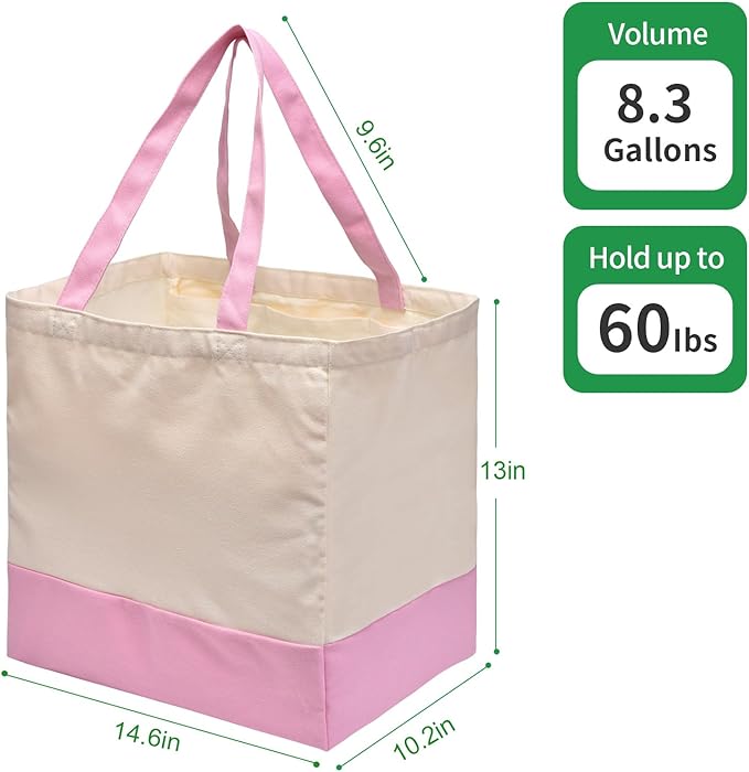 3 Pack Canvas Reusable Grocery Bags Heavy Duty, 8.3 gal Foldable Large Tote Bag with Handles, Holds 60 lbs Canvas Shopping Bags & Washable Eco-friendly Bags with 5 Pockets, Pink+Off white