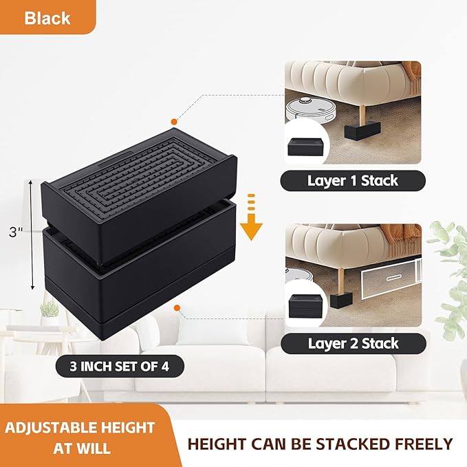 Bed Risers, Furniture Raise Blocks, 3 inch Stilts Heavy Duty for Bed Couch Desk Sofa Table Lifts, Furniture Legs Lifters Support up to 1300 Lbs (Black, 4 Pack Set)