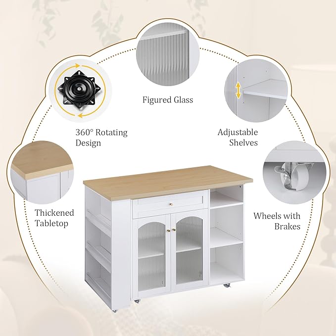 LYNCOHOME Rolling Kitchen Island with 360° Rotating Tabletop, Mobile Lockable Wheels & Adjustable Shelves, Multifunctional Storage Cart for Kitchen & Dining（White）