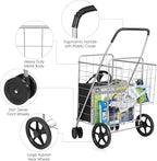 Goplus Jumbo Folding Shopping Cart with Rolling Swivel Wheels, Foldable Grocery Cart on Wheels with Double Basket, Heavy Duty Utility Cart, Shopping Carts for Groceries Laundry Book Luggage Travel