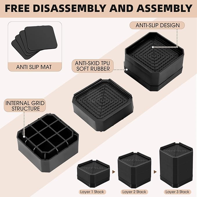 Furniture Risers Bed Risers - Rectangular Adjustable Block Riser for Raising 1.5-3 in. & 4.3 in. Beds, Tables, Sofas, Refrigerators, Washers - Up to 4,000 Pounds (Black, Two Layers 3inches)