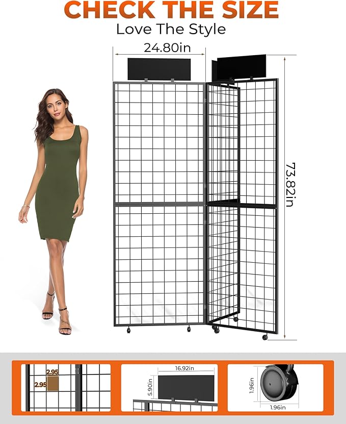 360° Foldable Grid Wall Panel, Three 6' x 4.25' Ft Double Side Gridwall Display Stand with Notice board, Heavy Duty Sturdy Floorstanding Wire Grid Rack, Movable Wheel for Retail Art Craft Fairs