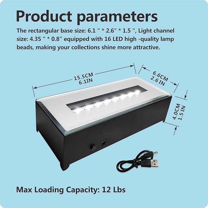 16 LED Light Display Stand Base for 3D Crystal Glass Art,Room Decoration and Holiday Casual Atmosphere Ornament Lamp- 6 Inch Rectangular Illuminated Holder Colorful Lights (black)
