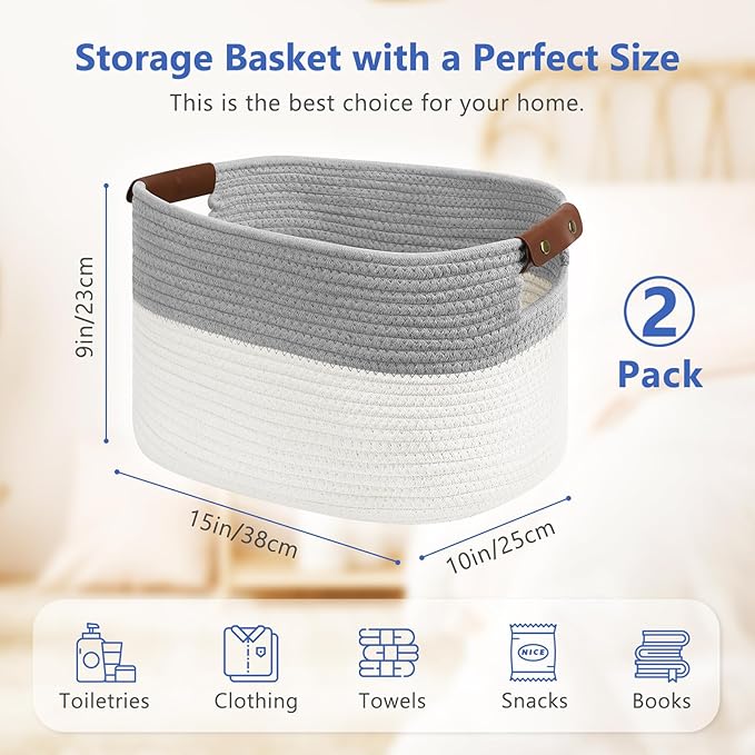 Cotton Rope Storage Baskets,15x10x9 in,Foldable Storage Bins, Decorative Woven Basket Cube Storage Organizer for Laundry, Towel, Clothes (White/Grey-2Pack, 15x10x9 inches)