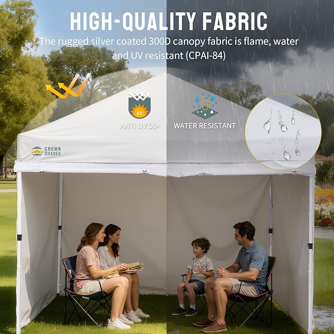 CROWN SHADES 10X10 Comercial Instant Canopy Pop Up Tent with Center Lock, 300D Fabric, 4 Sidewalls, Sto'N Go Bag, White