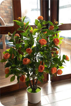 Artificial Camellia Tree 35in Faux Floral Plant with Red Flowers and Green Leaves - No Maintenance Indoor Outdoor Office Home Porch Decor Housewarming Gift(2 Pack - RED)
