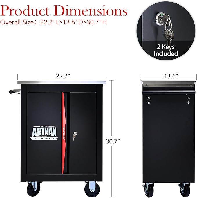 Rolling Tool Chest Box with 2 Doors and Adjustable Shelves, 22.2" D Movable Lockable Tool Cart Multi-Functional Hardware Storage Cabinet Box Auto Repair Locker