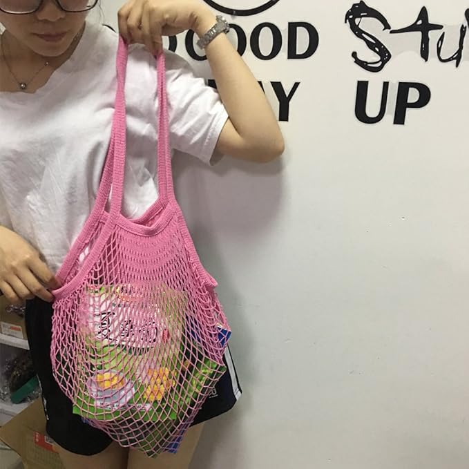 2Pcs Portable Reusable Mesh Cotton Net String Bag Organizer Shopping Tote Handbag Fruit Storage Shopper NEW (beige02 orange02)