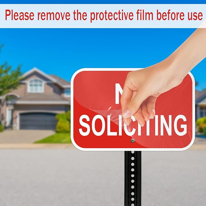 2 Pack No Soliciting Sign, Heavy Duty Aluminum, 12 x 8 inches, Red and White, for Home and Business