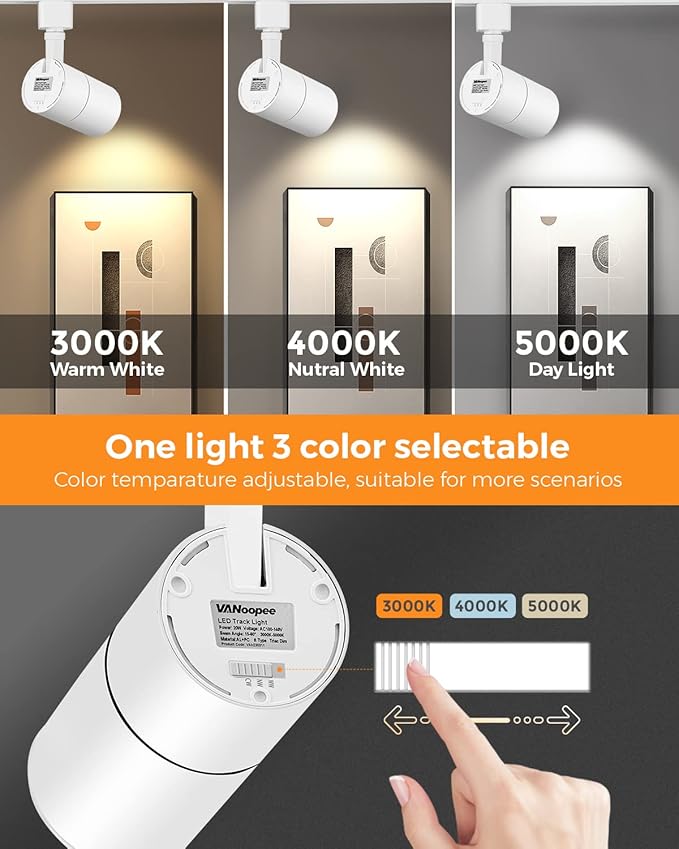 VANoopee 3-Color Zoomable 20W LED Track Lighting Heads H Type Track Light Heads Dimmable Bright Ceiling Spotlight Fixtures for Kitchen, 3000K 4000K 5000K Adjustable, CRI90+ 15°-60° 2000lm White 3 Pack