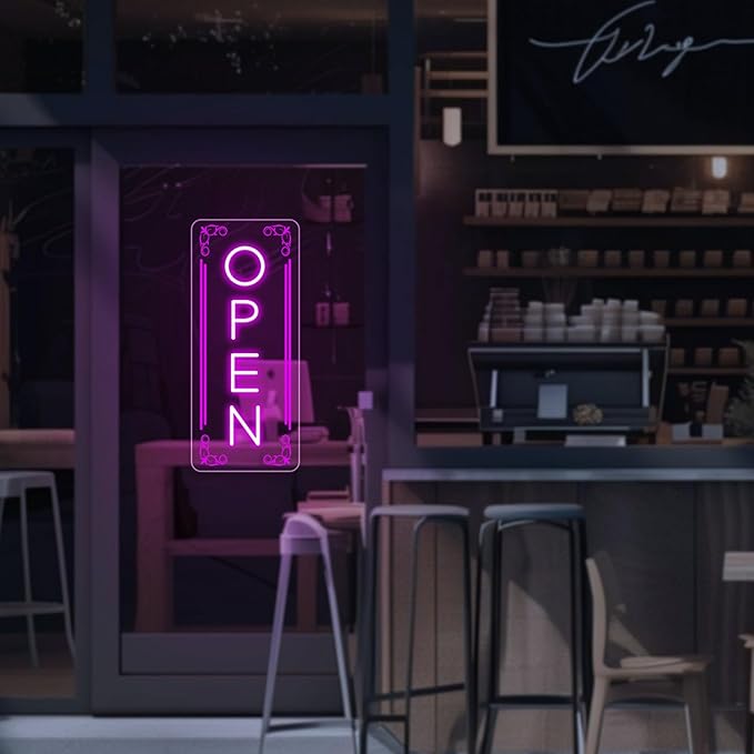 Vertical LED Open Signs for business – Super Bright - UV Printing Pattern, Remote Included - Large Size 14x35'' - Neon Open Sign for Café, Bar, Shop & Business Sign (Purple)