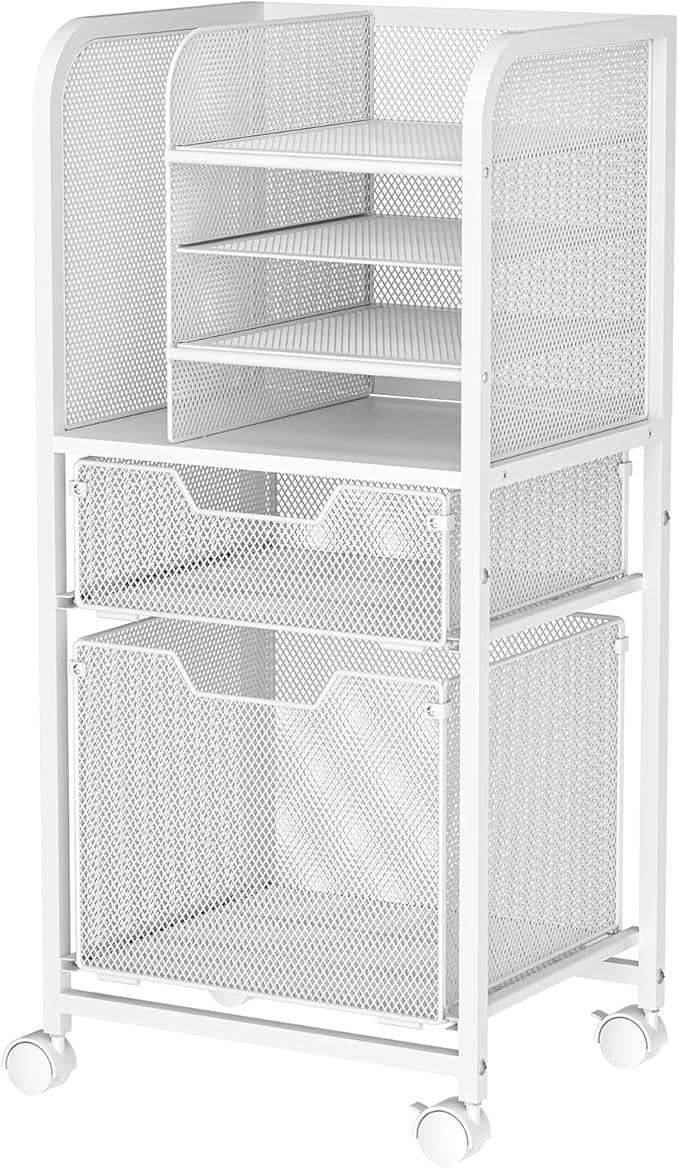 Rolling File Cart with 2 Drawers, White File Cabinet Organizer for Hanging File Folders, Letter-Size File Storage with Wheels, Multi-Layer Mobile Filing Cabinet for Office and Home, White