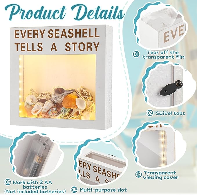 Juexica Seashell Holder with Light Display Box Room Decor Ocean Themed Gifts for Christmas Display Case Sea Shells Beach Coastal Decor Acrylic Wall Hanging(White,Seashell)
