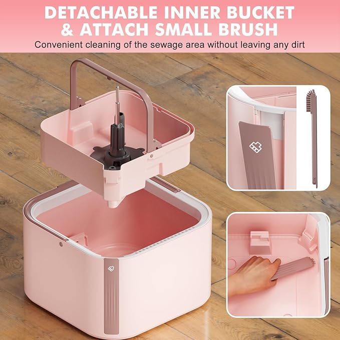 Upgraded Spin Mop and Bucket System Set, Self Separate Clean and Dirty Water, Foldable Square Standing Mop Head with Microfiber Mop Pads, Detachable Bucket (Pink, Mop Set with 2PC Pads)