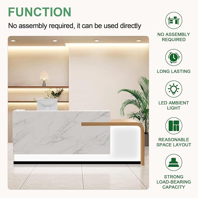 Modern Reception Desk with Counter Front Reception Table with Hidden LED Lighting Commercial Receptionist Desk White and Wood Checkout Counter Fully Assembled and Ready to Use 94inch