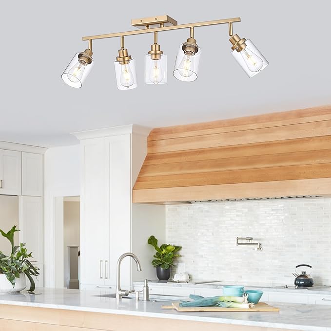 5-Light Multi-Directional Rotating Kitchen Tracking Lights Gold, Modern Track Lighting Fixture with Clear Glass, Bathroom Ceiling Vanity Lights Track Lighting Kits for Kitchen Accent Shop