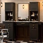 Salon Stations for Hair Stylist, Barber Station w/Glass Shelf & Golden Handles, Hair Salon Station Beauty Salon Spa Equipment w/6 Hair Dryer Holders, 2 Storage Cabinet & Drawers(Black)
