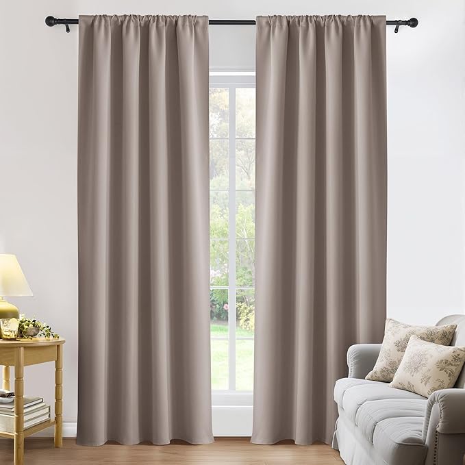 PONY DANCE Blackout Curtains for Bedroom 90 inches Long 2 Panels Set, Thermal Insulated Rod Pocket Black Out Window Drapes, Noise Reducing Window Treatment for Living Room(W42 x L90 inch, Light Taupe)