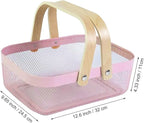Metal Mesh Steel Basket, Storage Organizer Basket Garden Harvest Basket Multi-functional Kitchen Fruit Baskets Bin with Wooden Handle for Bathroom Picnic Shopping Decor Cabinet Home, Pink