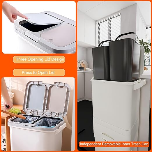 42L Kitchen Trash Can with Lid, Three-Layer Dual Trash and Recycling Bins with Wheels, Vertical Dry and Wet Separation Waste Sorting Bins with 3 Removable Inner Buckets