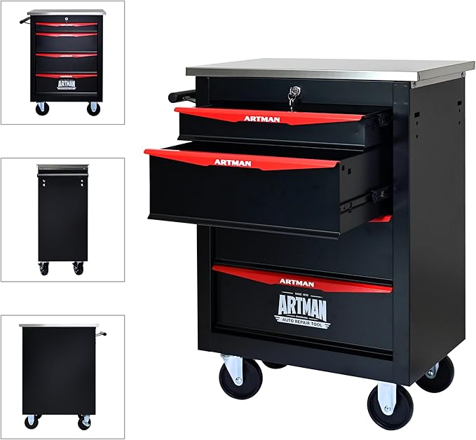4 Drawer Rolling Tool Chest with Locker, 22.2" D Metal Movable Lockable Tool Cart Box Multi-Functional Hardware Storage Cabinet Box for Warehouse Basement Home Pantry Garage