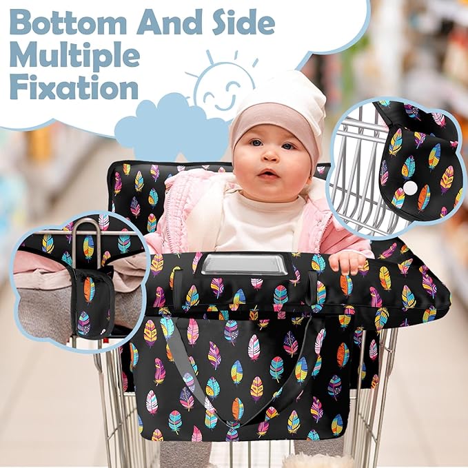 Shopping Cart Cover for Baby 2-in-1 High Chair Cover with Safety Harness Multifunctional Indian Colorful Feathers Cart Covers for Babies Soft Padded Grocery Cart Cover for Baby Boy Girl
