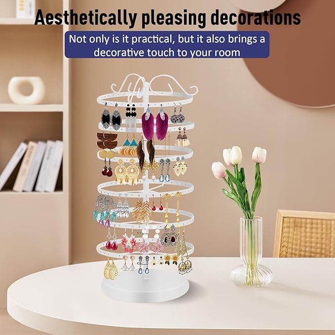 6 Tier 360 Rotating Earring Holder Organizer Stand, Jewelry Tree Rack, 264 Holes Display Storage for Stud Hoop Earrings, Vintage Metal Design, Space Saving Table Decor