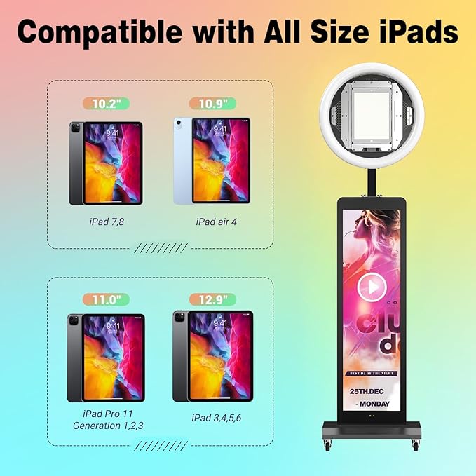 HARZHI LCD Screen Photo Booth, Compatible with Any Ipad, 1080P Intelligent Split Screen Ipad Photo Booth for Wedding Party Software APP Control Ring Light, 38'' Portable Flight Case Black