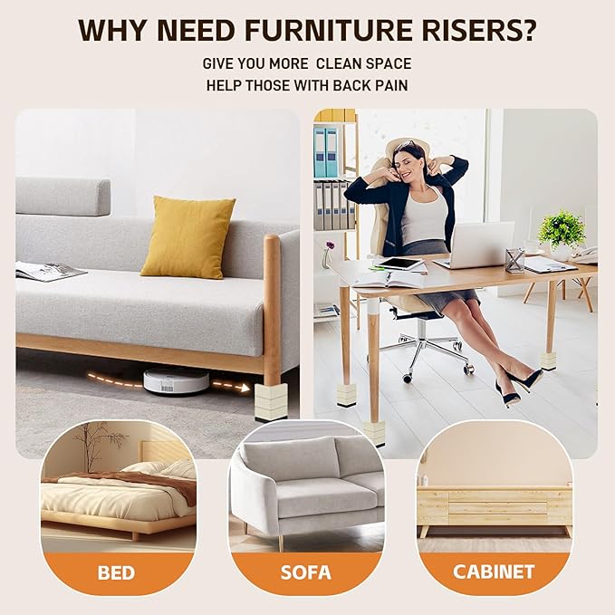Bed Lifts Risers, Heavy Duty Furniture Elevator in Heights of 2, 3 or 4 Inch, Raising Blocks for Bed, Couch, Desk, Sofa, Tables, Headboard Stilts (Beige, 4 Pack Set)