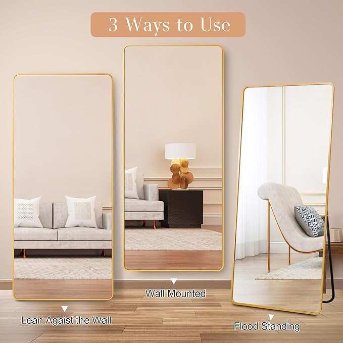 Full Length Mirror with Stand, 71"x31" Floor Mirror, Aluminum Alloy Gold Thin Frame - Freestanding/Leaning/Wall Mount for Bedroom, Living Room & Entryway (Gold)