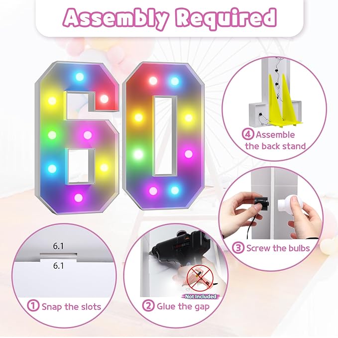 Marquee Numbers 60th Birthday Decoration: Colorful 3FT Large Light Up 60 Year Old Birthday Decorations Anniversary Backdrop Cardboard Sign 18 Colors Number 60 Mosaic Balloon Frame